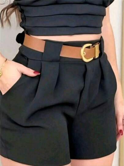 Short Social Feminina Cintura Alta com Cinto Incluso e Bolso- Zíper Lateral