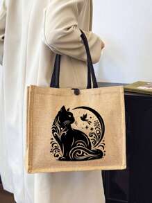 Khaki Linen Tote Bag,Including A Black Cartoon Cat Pattern Tote Bag And A Small Bag/Coin Purse,Mother's Day Gift, Personalized Gift Package, Yellow Linen Black Tote Bag With,Combination Of Small And Large Bags,Suitable For Weddings,Birthdays,Beaches, Holidays, Making It For Women,Mothers,Teachers, Friends, Bridesmaids,Big Bags,Students,Returning To School,The Perfect Gift For Animal Lovers