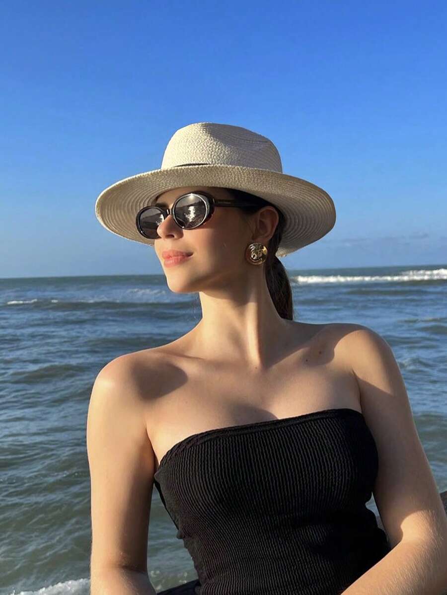 1pc Women Beige Western Cowgirl Style UPF50+ Sun Protection Panama Straw Hat With Black Decor, Vintage Style, Lightweight, Breathable, Suitable For Beach, Travel, Wedding Season, Music Festival, Valentine's Day Gift