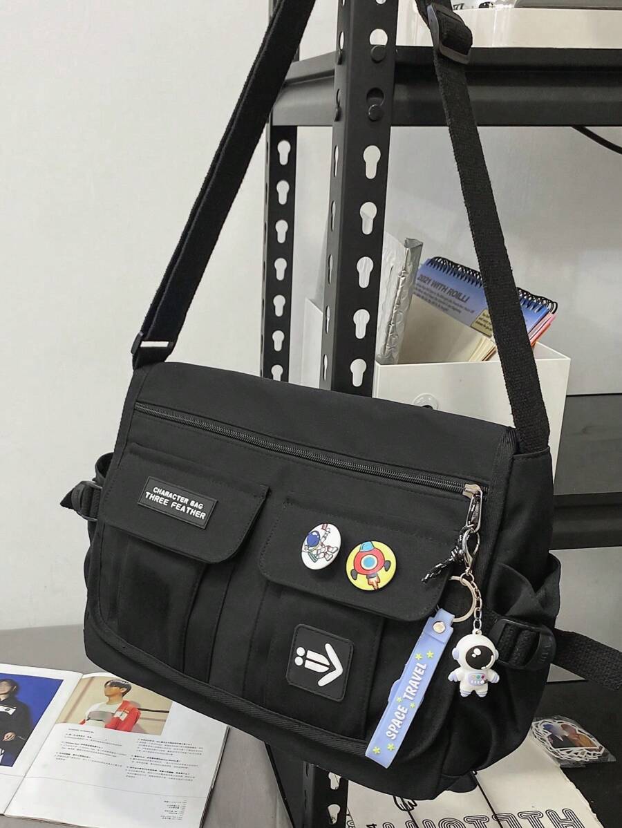 Men's Letter Decor Solid Color Crossbody Bag Sling Bag For Men Messenger Bag Back To School Supplies Book Bag Shopping Bag Laptop Case - Black - View 1