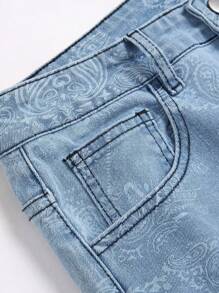 Men's Fashionable Letter Print Distressed Slim-Fit Jeans - Medium Wash - View 4