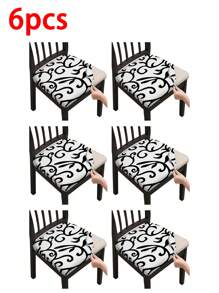 6 Fundas protectoras para asiento de silla, fundas impresas para sillas de comedor, cubiertas protectoras para sillas de cocina y hotel (Negro y Blanco, 6 piezas)