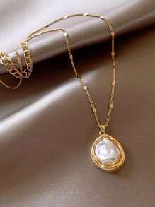 3 件套高端优雅人造珍珠项链吊坠和耳环首饰套装，适合女士，别致而优雅 - 金黃色 - 查看 7