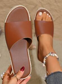 Women's Vacation Platform Sandals, Single Strap, Straw Sole, Wedge Heel, Wide Fit