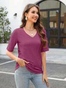 HIGHFINE Women's V Neck Short Sleeves T Shirt  Solid Casual T Shirt - 勃根地色 - 查看 5