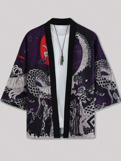 Men's Autumn Faux Manga Red Crescent Dragon Patterned Kimono-Style Jacket