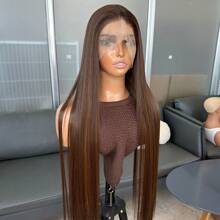 Peluca sintética de encaje frontal Kanekalon Futura de 30 pulgadas de largo con cabello liso, sin necesidad de pegamento, material Kanekalon, peluca sintética duradera, raya libre, densidad del 150%, peluca de encaje transparente, resistente al calor, adecuada para uso diario, fiestas, vacaciones y otras ocasiones - Marrón - Ver 3