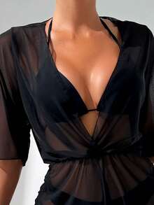 3pcs/Set Women Tropical Floral Print Halter Bikini Swimsuit With Adjustable Tie, Triangle Top, Bottom & Cover Up Skirt Dress For Beach Vacation - Black - View 4