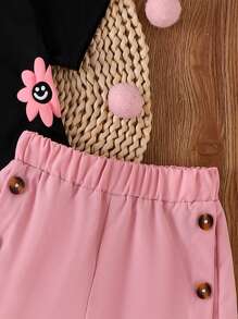 2pcs/Set Young Girl Casual Comfy Cute Floral Print Top And Button Decor Shorts Set, Summer