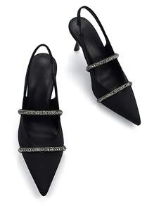 秋冬女士优雅水钻装饰黑色莱卡尖头细高跟凉鞋，性感迷人，适合日常穿着和派对，优雅时尚，派对必备。