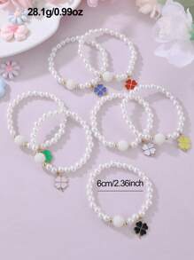 7件套卡通滴油蝴蝶、雏菊、爱心、独角兽吊坠珍珠手链套装 - 彩色 - 查看 9