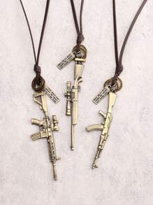 3pcs/Set Vintage Gun Shaped Alloy Pendant Fashion Necklace, Antique Silver & Bronze Color, Unisex Necklace Including Brown Leather Pendant Rope