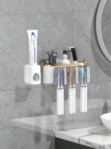 1 Set Toothbrush Holder With 2 Or 3 Or 4 Cups And Toothpaste Squeezer, Creative Bathroom Wall-Mounted Organizer For Brushing Teeth And Storage.The Color Of The Cup (Gray, Blue, Purple, Pink, Yellow) Is Random And May Not Match The Color In The Rendering, Which Is A Normal Phenomenon,Mother's Day,Gift For My Mother,Bathroom Decor,Bathroom Organizer,Room Decorations,Restroom Decor - Multicolor - View 4
