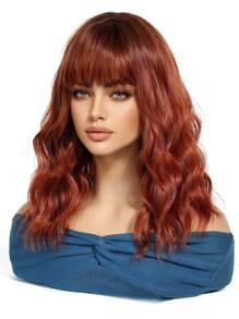 Stylish 16-Inch Red Mid-Long Curly Hair Synthetic Heat-Resistant Fiber Wig With Bangs Ladies Wig Is Perfect For Holiday Party Everyday Wear - Red - View 6