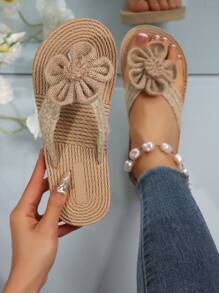 Summer New Casual Slippers, Woven Linen Flower Thong Sandals For Beach Holiday, Soft Bottom Lightweight Simple Student Flat Slippers
