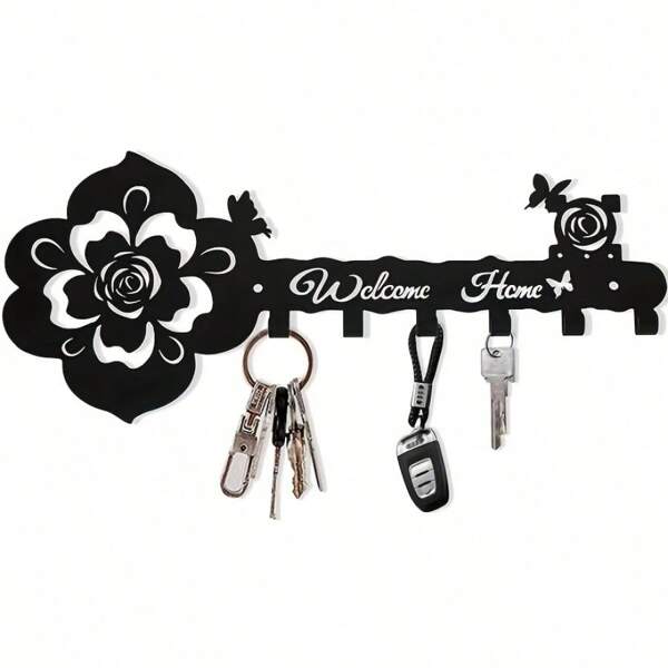 1 pieza Perchero de pared con diseño de rosa negra y mariposa - Estilo decorativo BIENVENIDA para decoración del hogar - Decoración de pared perfecta, 6 ganchos de hierro artesanal y decoración