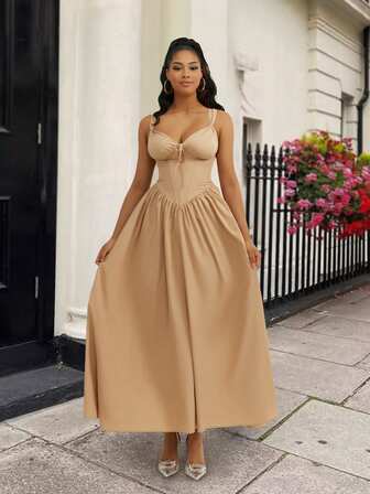 Damen einfarbiges Rüschenkleid mit Vorderbindung, ärmelos