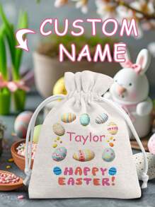 1 件定制复活节名字糖果袋，多尺寸复活节糖果抽绳储物袋，涤纶抽绳礼品袋 - 可重复使用的亚麻糖果袋，适用于节日派对礼物和礼品包装