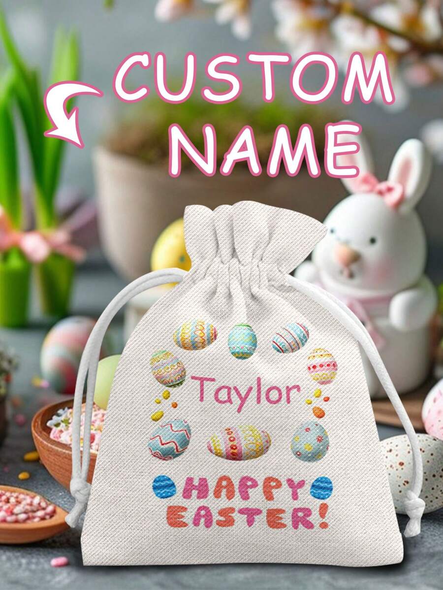 1 件定制复活节名字糖果袋，多尺寸复活节糖果抽绳储物袋，涤纶抽绳礼品袋 - 可重复使用的亚麻糖果袋，适用于节日派对礼物和礼品包装