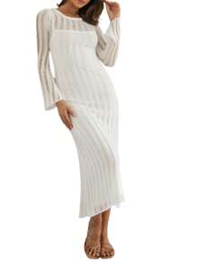 Womens Summer Beach Dress Casual Long Sleeve Round Neck Hollow Out Solid Color Knit Dress - 白色 - 查看 7