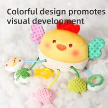 1pc Baby Plush Pull/Push Sensory Toy, Includes Crab & Chick Shaped Fabric Toys With Teether, Mirror, Bell, Suitable For Crib, Stroller, Car Seat, Multi-Textural Experience, Early Educational Development Gift For Baby Boys And Girls (Some Accessory Colors Randomly Assorted)