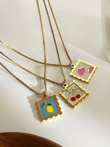 قلادة ستانلس ستيل مربعة قطعة واحدة للنساء، مطلي باليد بطبعة فاكهة متساقطة، طراز جميل وحلو، تصميم عصري بسيط للاستخدام اليومي