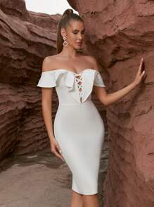 ADYCE Ruffle Ruffled Backless Bandage Bodycon Party Dress For Women, Cocktail Party Gown, Wedding Guest Dress - White - View 4