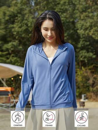 1pc Women's Outdoor Summer Ice Silk Anti-UV Thin Breathable Sunscreen Coat, Windbreaker Jacket For Hiking