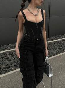 Womens Cargo Jeans High Waisted Cargo Pants Y2k Baggy Wide Leg Denim Trousers With Flap Pockets - Black - View 5