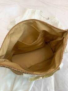 2025 新款大容量编织手提包，海滩度假草编大包 - 金色 - 查看 3