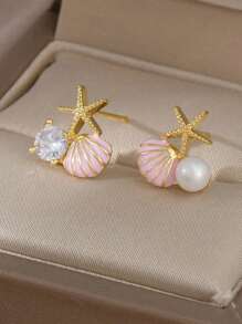 2 piezas de Pendientes asimétricos con concha rosa, estrella de mar y perla, delicados y adecuados para uso diario o en la playa de la mujer