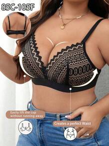 Plus Size Women Lace Fashion Lift Up Wireless Bra - Black - View 5