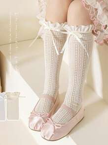 1 Pair Girls Bow Lace Trim Knee High Socks, Thin For Spring/Summer, Fits Girls Age 3-15, Unique For Matching And Everyday Wear