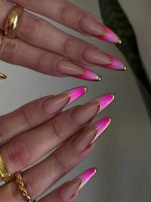 24 Stück/Set mandelförmige Farbverlauf-Nägel in Rosa bis Rot, mit 1 Stück Nagelfeile und 1 Stück Gel-Aufsatznägel, Nagelzubehör - Verschiedenfarbig - Übersicht 2