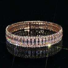 1 件全新多层方形超闪亮合成方晶锆石手链，奢华高端人造珍珠装饰，适合送礼、日常佩戴、派对、婚礼 - 金色 - 查看 11