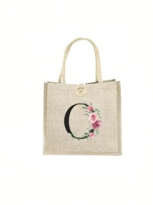 1 pieza Bolso de mano con flor de lino y letra, bolso de gran capacidad sencillo, bolso de almacenamiento casual portátil, bolsa de compras multifuncional, bolsa de regalo personalizada, adecuada para bodas, cumpleaños, playas, festivales, regalos perfectos para mujeres, maestros, amigos, damas de honor, bolsos grandes, estudiantes y vuelta a clases