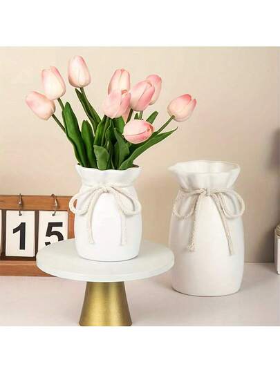 1pc Bohemian ative Vase, Geometric Pattern Plastic Flower Pot Rope Bow Cartoon Aesthetic Home St. Patrick's Day, Easter, Season Birthday Graduation Back To School Room Supplies Vase Glass view 7