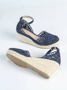 女士蕾丝和麻绳厚底镂空休闲一脚蹬粗高跟编织凉鞋，百搭时尚渔夫风格 - 藍色 - 查看 8