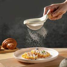 Wooden Handle Stainless Steel Fine Mesh Flour Sifter Powder Sugar Strainer Juice & Milk Powder Filter Ladle, Baking Tool Set - Apricot - View 1