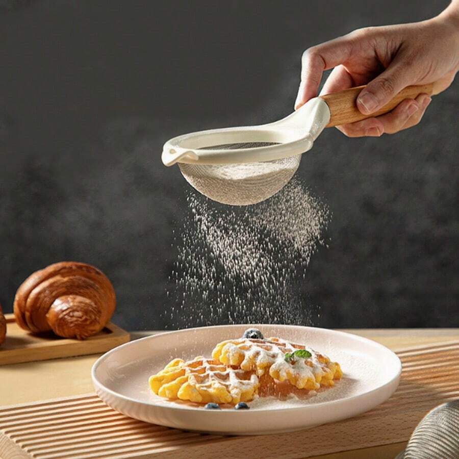 Wooden Handle Stainless Steel Fine Mesh Flour Sifter Powder Sugar Strainer Juice & Milk Powder Filter Ladle, Baking Tool Set - Apricot - View 1