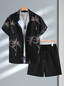 2pcs/Set Men's Casual Regular Outfit: Button-Down Collar Coconut Tree Jacquard Short Sleeve Shirt And Drawstring Solid Color Shorts, Spring/Summer