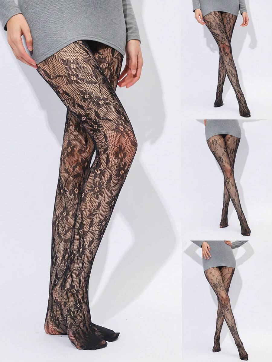 1 双女式花卉提花渔网紧身裤，镂空弹力连裤袜，女士长袜和袜子 - 彩色 - 查看 1