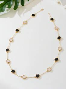 1 pieza Elegante collar de cadena larga con colgante de trébol negro y blanco, apropiado para uso casual diario - Blanco y Negro - Ver 3