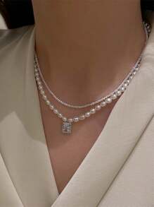 2pcs White Faux Pearl Necklace Set, Layered Cube Pendant Minimalist Clavicle Chain Design - White - View 2