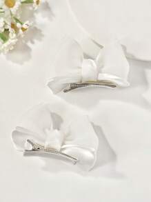 2 piezas Pinzas para el cabello con moño para niñas, diademas de gasa fresca (puede haber una ligera diferencia de color debido a la variación del lote de tela, lo cual es normal) - Blanco - Ver 3