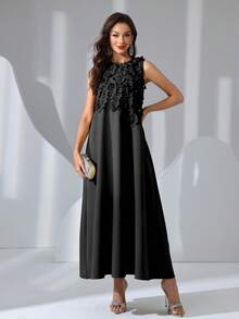 女士3D立体花卉无袖套头连衣裙，黑色，夏季优雅款 - 黑色 - 查看 4