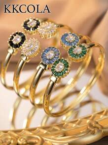 KKCOLA 1 件时尚几何椭圆形锆石手链，多色可选，适合女士派对、度假、海滩珠宝、日常配饰 - 金黃色 - 查看 1