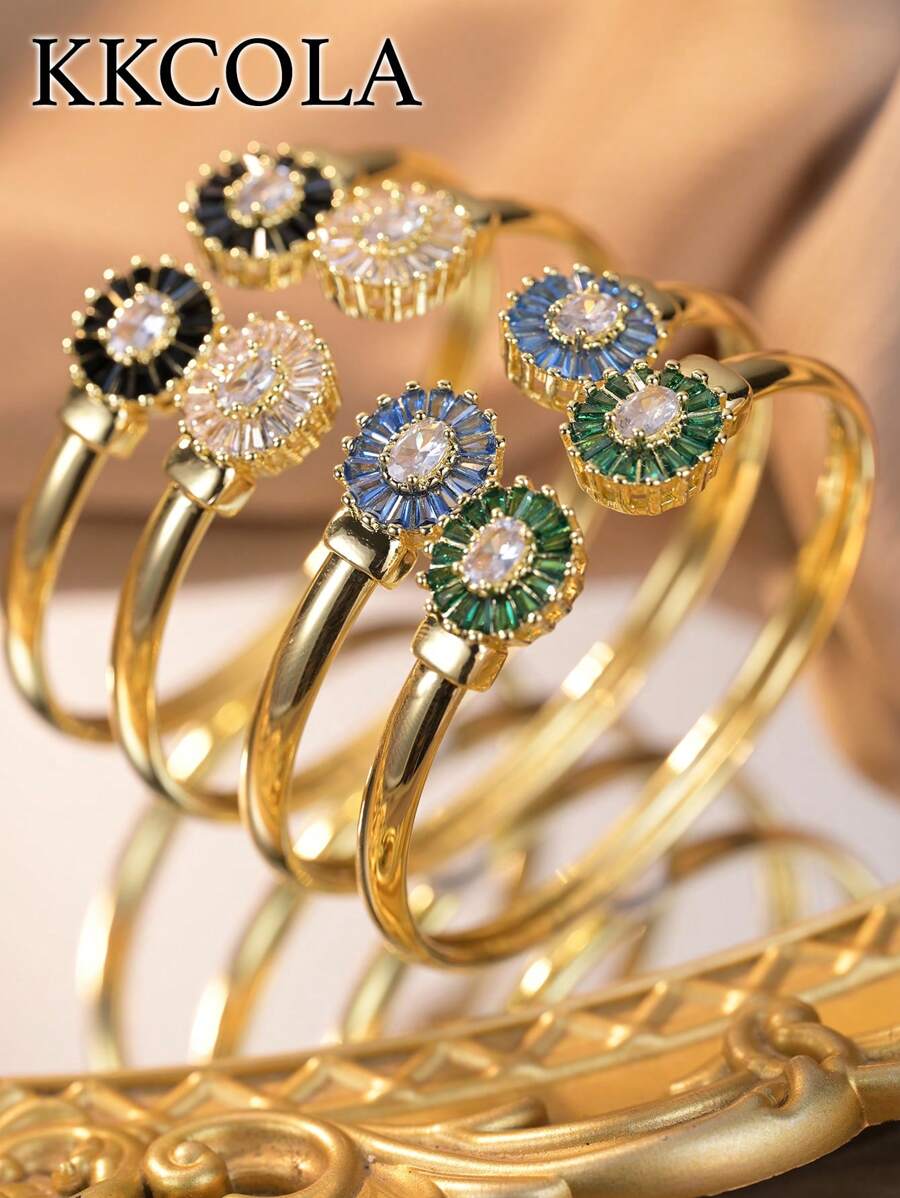 KKCOLA 1 件时尚几何椭圆形锆石手链，多色可选，适合女士派对、度假、海滩珠宝、日常配饰 - 金黃色 - 查看 1