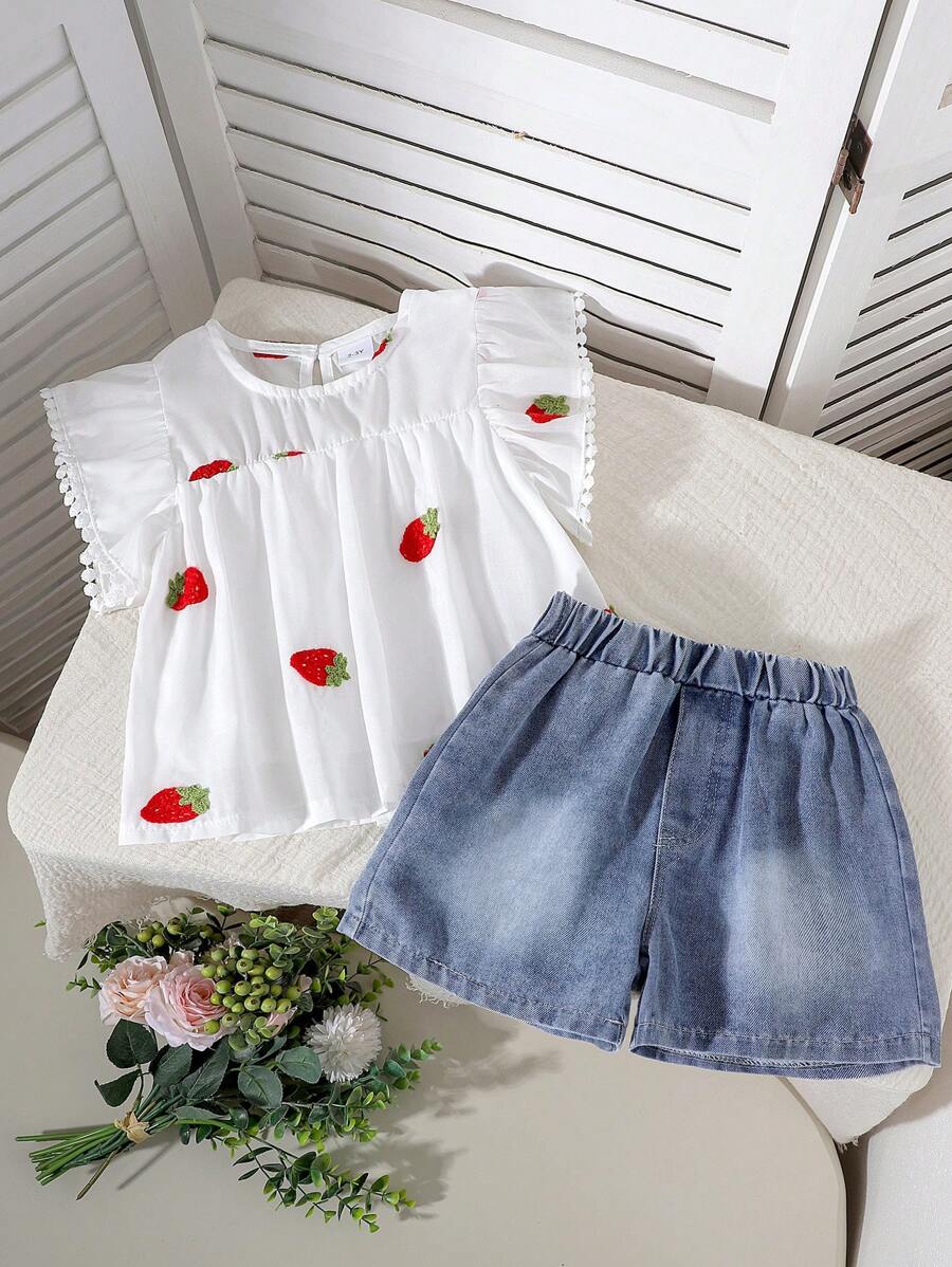 2pcs Young Girl Cute Strawberry Print White Short Sleeve Top + Denim Shorts Set, Lightweight Summer - White - View 1