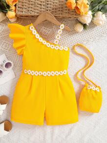 Young Girl 3D Floral Asymmetric Neck Jumpsuit With Bag, Suitable For Daily Wear, Casual Outdoor, Shopping, Events, Spring/Summer - Yellow - View 1